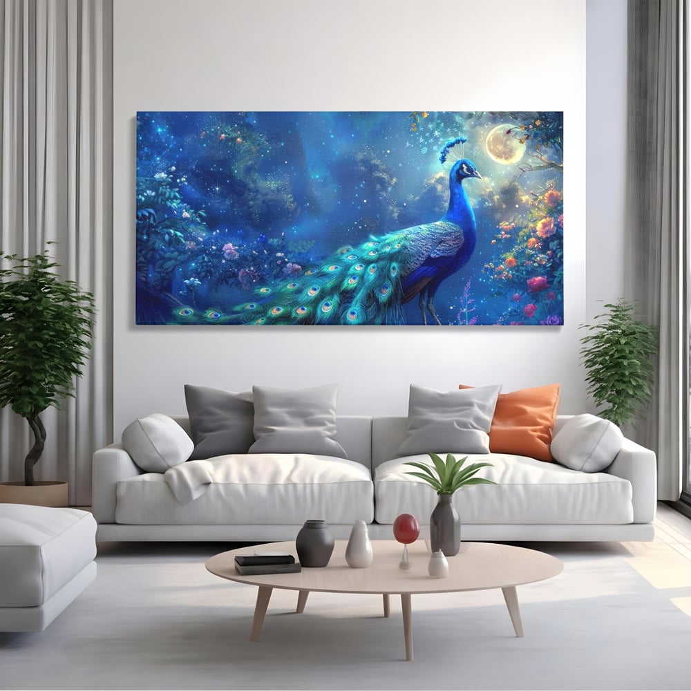 Tablou canvas cu tablou canvas cu paun albastru noaptea, fara rama, pe sasiu de lemn, pe perete intr-un living